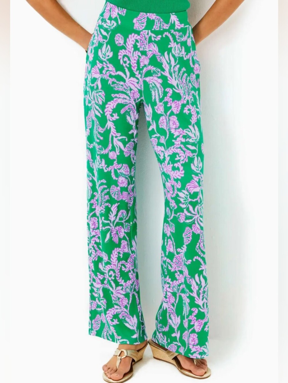 Lilly Pulitzer 31" Allena Knit Palazzo Pants Brazilian Green Salty Sandbar Print